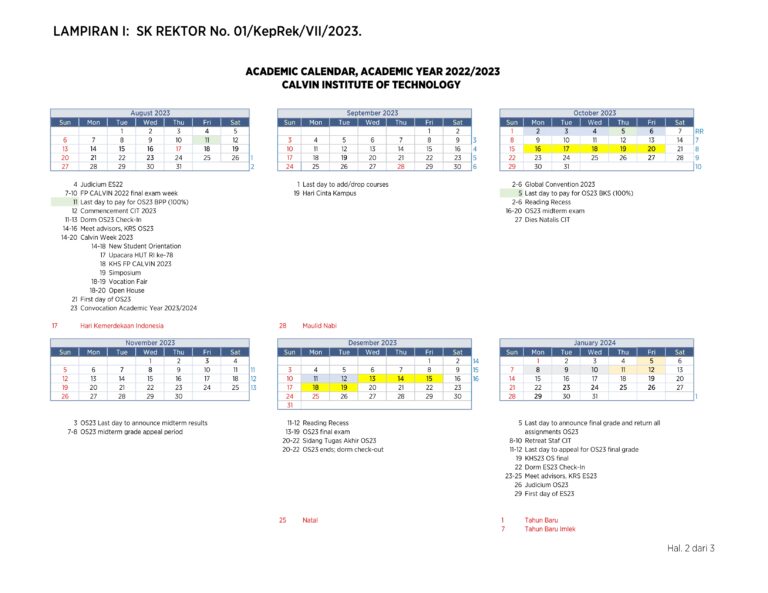 Academic Calendar Calvin Institute of Technology