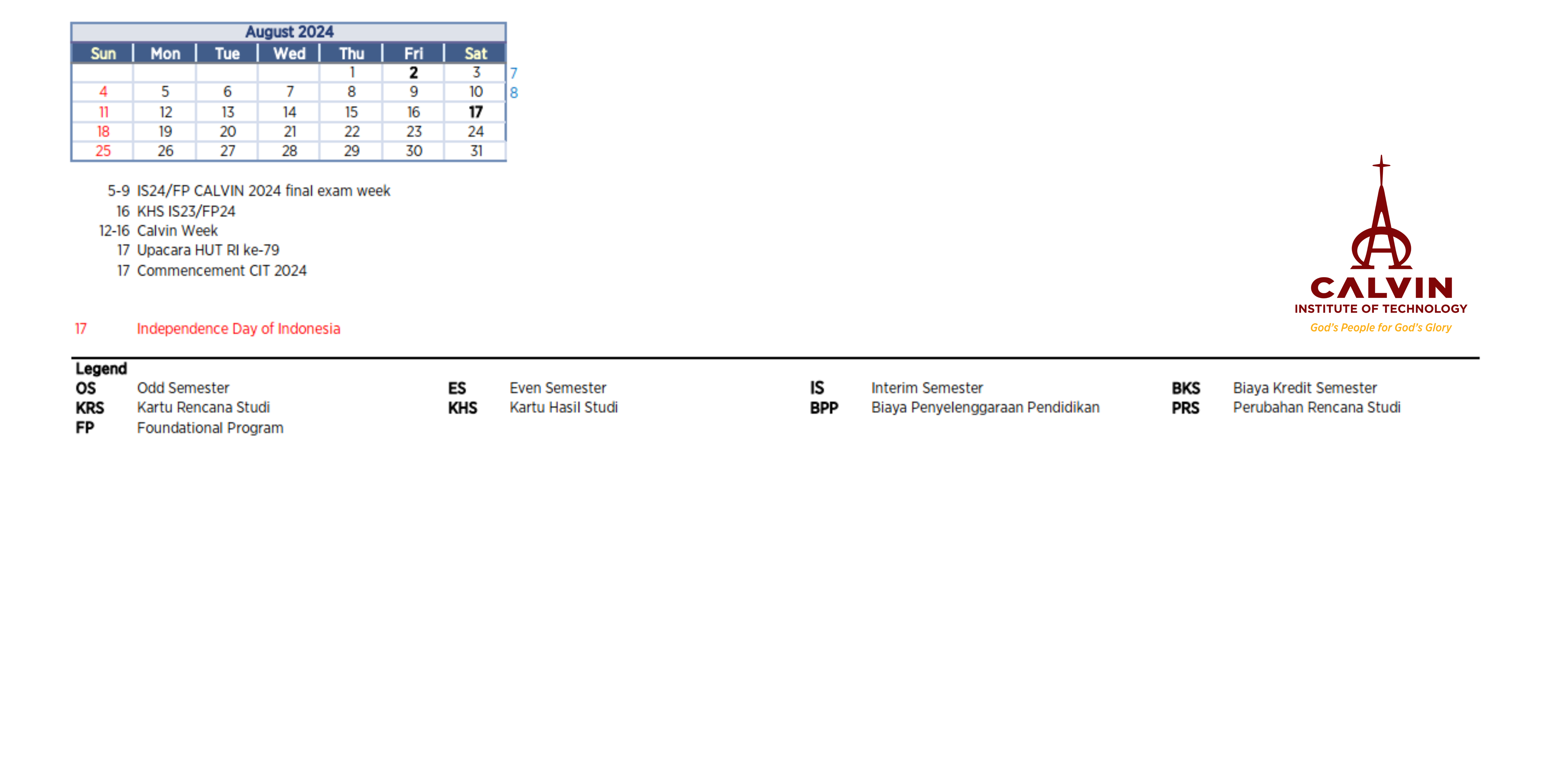 Academic Calendar Calvin Institute of Technology